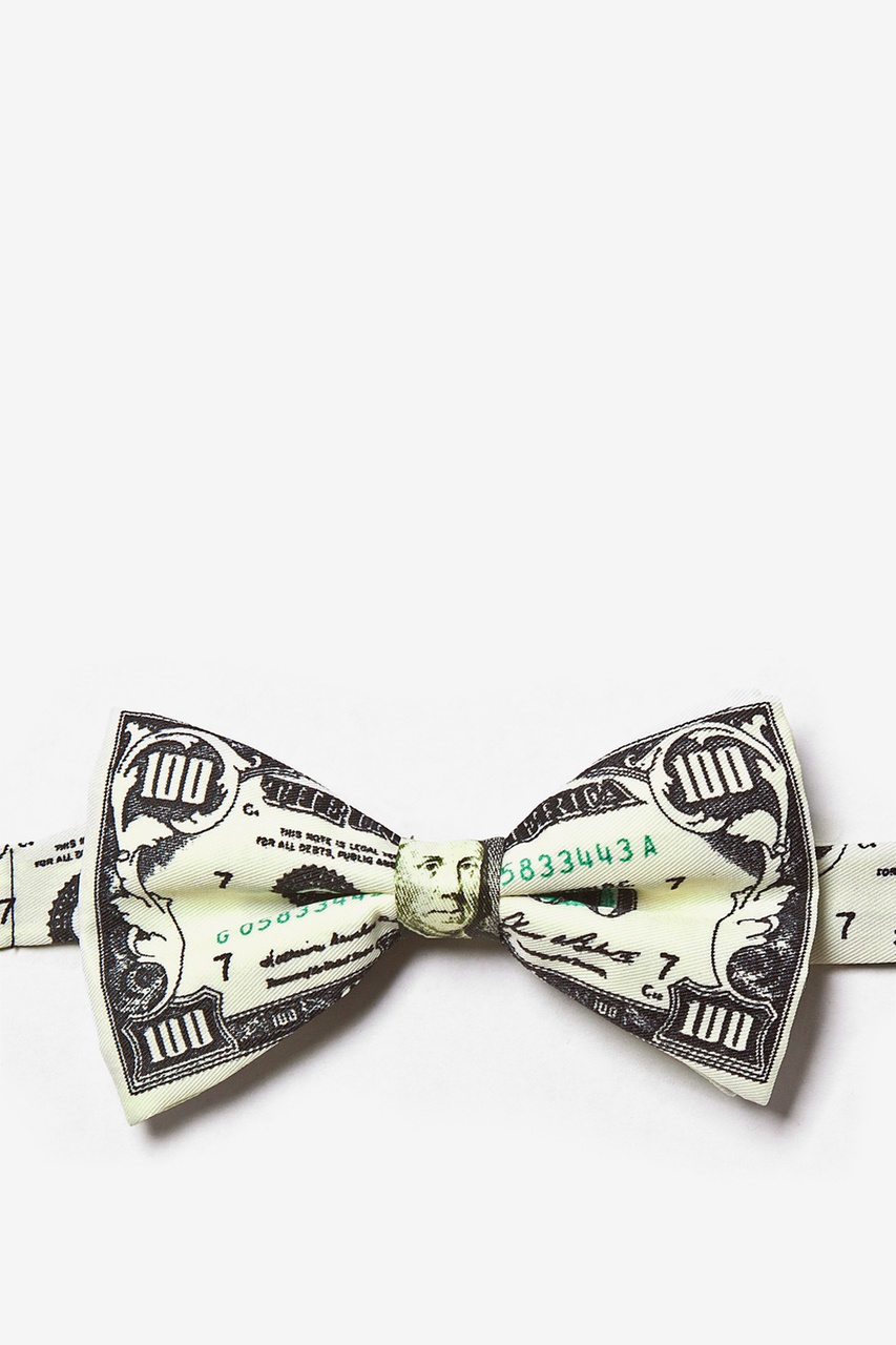 Ivory Polyester $100 Dollar Bill Pre-Tied Bow Tie | Ties.com