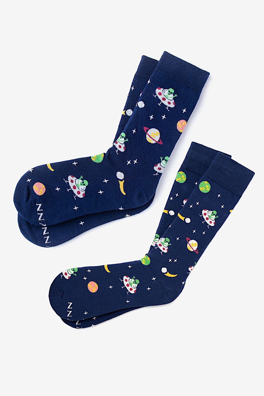 Navy Blue Carded Cotton We Come in Peace His & Hers Socks | Ties.com
