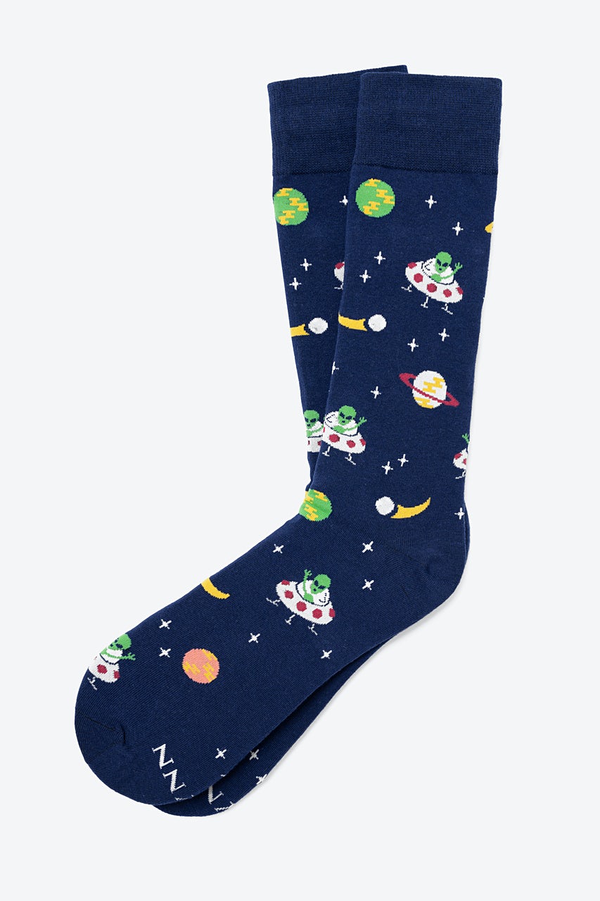 Navy Blue Carded Cotton We Come in Peace Sock | Ties.com